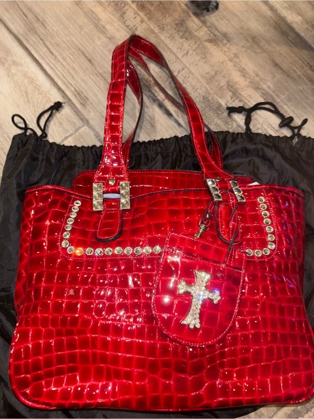 Raviani Red Patent Croc-Embossed Tote with Crystal Cross Charm